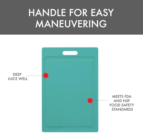 Dexas NSF Certified Polysafe Cutting Board with Handle and Juice Well, 12 x 18 inches, Reversible Kitchen Cutting Board, Teal Green