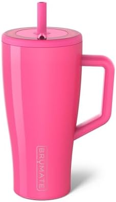 BrüMate Era 30 oz Tumbler with Handle and Straw | 100% Leakproof Insulated Water Bottle Tumbler with Lid and Flexible SoftSip Straw | Made of Stainless Steel | Cup Holder Friendly | 30oz (Neon Pink)