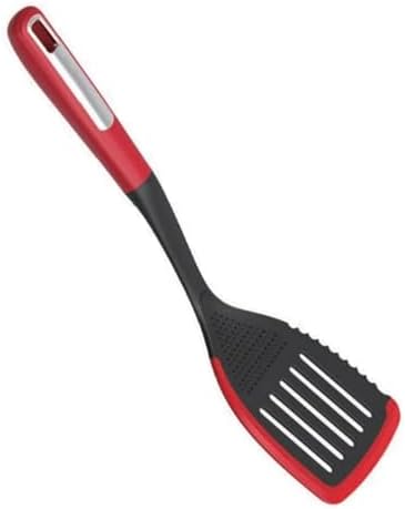 Heat-Resistant Silicone Slotted Turner with Sawtooth Edge, Multi-Purpose Kitchen Spatula for Non-Stick Pans, Cutting/Grinding Garlic, Eggs, Red