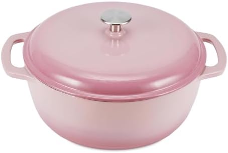 Amazon Basics Enameled Cast Iron Dutch Oven Pot with Lid, Round, Dual Handles, Heavy-Duty, Oven Safe for Stews, Roasting, Baking, 6-Quart, Light Pink