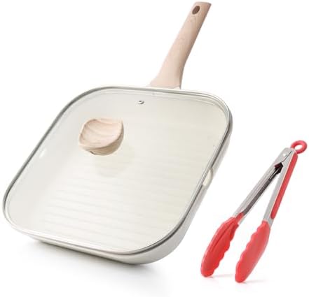 Kordisen Nonstick Grilling Pan with Lid for Stove Tops, 11 Inch Square Grill Pan for Indoor Cooking, Healthy Coating Grill Skillet with Pour Spouts, Versatile Griddle, Induction Steak Pan, White