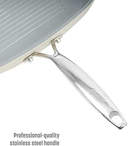 Goodful Ceramic Nonstick 11 Inch Grill Pan, Dishwasher Safe Pots and Pans, Comfort Grip Stainless Steel Handle, Made without PFOA, Griddle, Cream