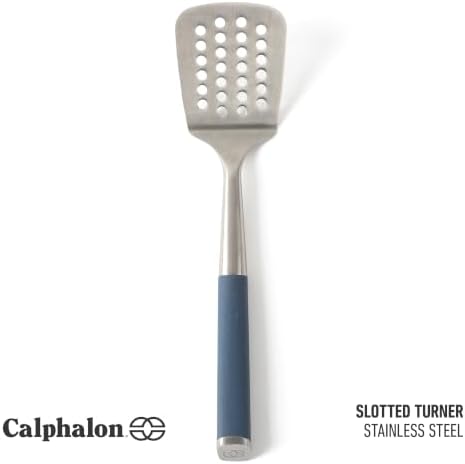 Calphalon Slotted Turner, Kitchen Flipping Spatula, Stainless Steel with Silicone Heat Resistance Handle, Nonstick-Safe Spatula for Draining and Flipping (Navy), Slotted Turner (Pack of 4)