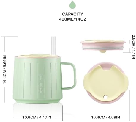 Ideus 14 oz Insulated Coffee Mug with Lid and Straw (Mint Green, FUJI NOVA)