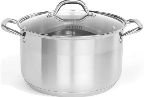 Alpha Living SP-12G Stainless Steel Pot with Capsule Bottom – Induction Compatible 12Qt Pot with Lid – Tri-Ply Ultra-Thick Bottom – Ideal for Spaghetti, Cooking, Canning, Boiling