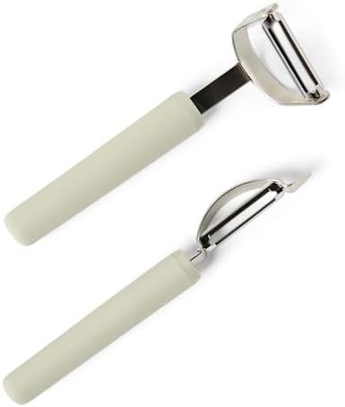 Amazon Basics Vegetable and Potato Peelers with Ultra-Sharp Stainless Steel Swivel Blades, Non-Slip Soft-Touch Handle, Protective Covers, 2-Piece Set, Dishwasher-Safe, Linen Gray