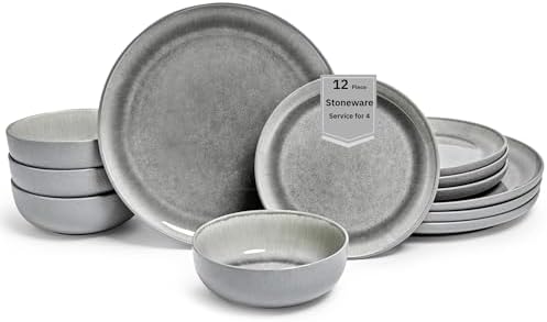 Sango Asher 12-Piece Stoneware Dinnerware Set for 4, Grey Ceramic Plates and Bowls Sets, Modern Dish Set with Reactive Glaze, Durable Kitchen Dishes for Casual Dining, Microwave & Dishwasher Safe