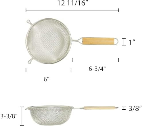 TrueCraftware- 6-Inch Double Medium Tin Mesh Strainer 6-3/4" Handle Length Wooden Handle- Kitchen Utensil Food Strainer Skimmer Spoon for Cooking Sieve Sifters Rice Quinoa Pasta Fruits Vegetable