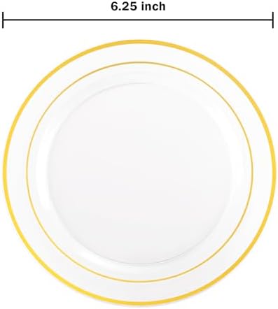 bUCLA 100 Pieces Clear Gold Plastic Plates Disposable - 6.25 Inch Clear Plastic Dessert Plates with Gold Trim for Party, Wedding & Thanksgiving