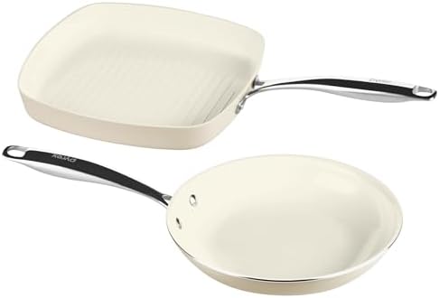 Pyrex 2-Piece Ceramic Cookware Grill & Fry Pan Set, Stainless Steel Handles