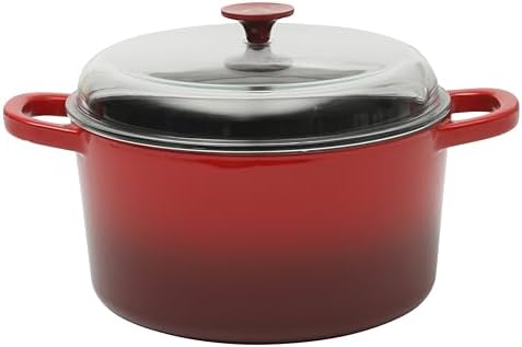 Crock Pot Artisan 7-Quart Round Enameled Cast Iron Dutch Oven With Oven Safe Borosilicate Glass Lid, Heavy-Duty Cookware for Baking, Roasting & Slow Cooking, Red