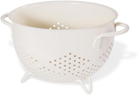 Metal Colander 5 Quart Powder Coated Self-draining Metal Strainer with Base,Kitchen Pasta Fruit Vegetable Basket with Double Handles (Cream)