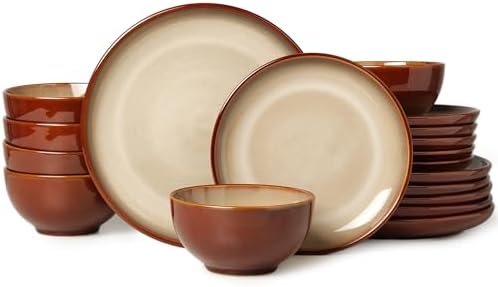 Pokini Stoneware Dinnerware Sets for 6, 18pcs Plates and Bowls Sets Dishes