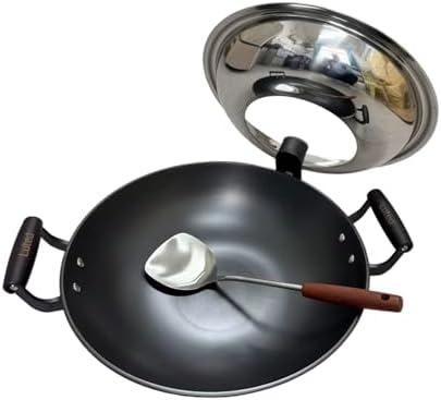 Chinese Wok with Lid, 15.2 Inch Flat Bottom, Cast Iron