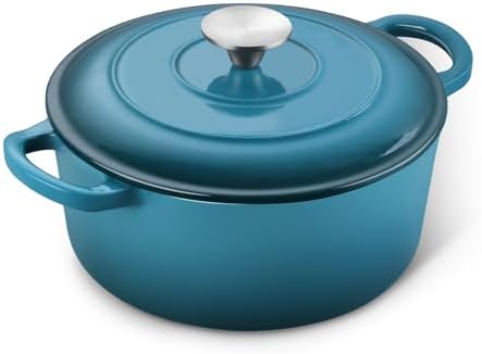 E-far 3 Qt Enameled Cast Iron Dutch Oven with Lid, Small Round Nonstick Dutch Oven Pot for Bread Baking Braising Stews Roasting Cooking, Heavy Duty, Induction & Oven Safe - Teal Mist