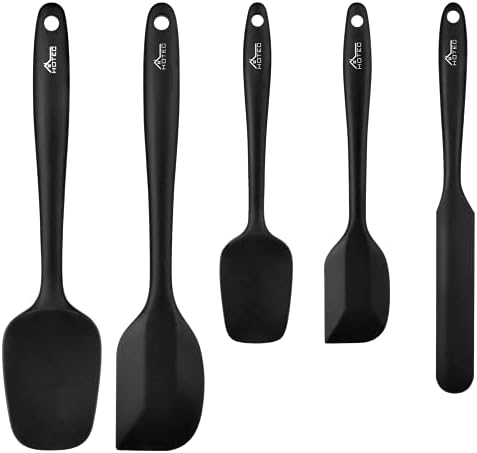HOTEC 600℉ Heat Resistant BPA-Free Silicone Rubber Spatula Set,Kitchen Cooking Spatulas, Baking, Mixing for Non Stick Cookware, Dishwasher Safe, Black Set of 5
