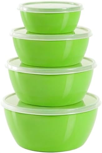 4-Piece Classic Plastic Prep Bowls with Lids, Nesting Plastic Small Mixing Bowl Set for Mixing, Baking, Prepping, Cooking and Serving Food, Microwave and Dishwasher Safe (Green)