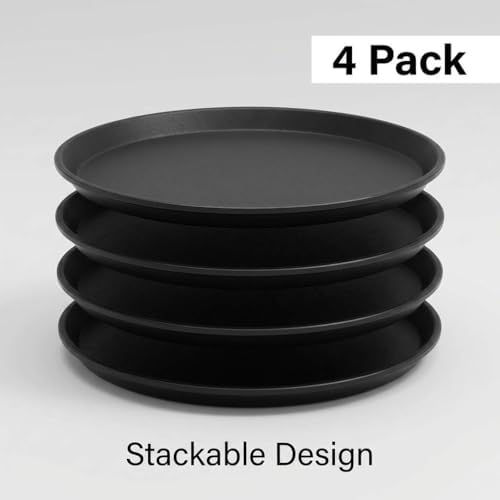 QWORK 14-Inch Round Non-Slip Serving Tray Set – 4Pack Rubber Surface Drink & Meal Carrier for Home, Café & Catering