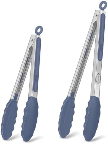 TACGEA Stainless Steel Kitchen Tongs with Silicone Tips, Locking Grilling Food Tongs, 9" and 12", Set of 2 Blue