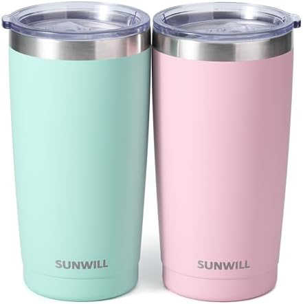 SUNWILL Travel Coffee Mug with Lid, 20 oz Tumbler Set of 2, Insulated Stainless Steel Cup for Water, Tea, Powder Coated Sakura & Mint