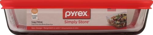 Pyrex 3-Cup Single Rectangular Glass Food Storage Container with Lid, Non-Toxic, BPA-Free Lid, Tempered Non-Pourous Glass, Microwave, Dishwasher, Freezer and Oven Safe, Red
