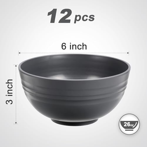 HEYCOME 12 Pcs Unbreakable Cereal Bowls Set, 26 Oz Wheat Straw Bowls Set, Microwave & Dishwasher Safe Bowls for Kitchen, Reusable Plastic Bowls for Soup, Salad and Snack, BPA Free, Dark Gray