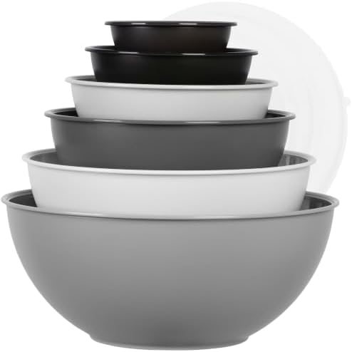 BoxedHome BPA Free Plastic Round Mixing Bowl with Lids, 12 Pack Nesting Bowls with Lids Set, Microwave and Dishwasher Safe Prep & Serving Bowls Great for Mixing, Baking, Serving (Grey, 12pcs)