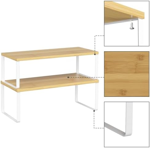 NEX Kitchen Cabinet and Counter Shelf Organizer, Stackable & Expandable, Set of 4, White and Natural - 7.7 x 15.6 x 6.2''