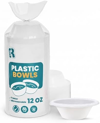 R-kay Plastic Bowls - 100 Count Microwavable Disposable Bowls - Strong Heavy Duty And Sturdy White Plastic Bowls Disposable (12 OZ, 100)