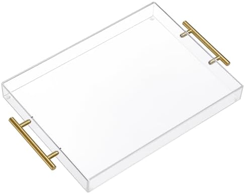 12"x16" Clear Acrylic Serving Tray with Golden Handles, Sturdy Huge Capacity Acrylic Tray for Coffee, Juice, Kitchen and Desk Organizer, Storage Tray (12"x16")