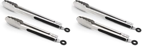 304 Stainless Steel Kitchen Cooking Tongs, 9" and 12" Set of 2 Sturdy Grilling Barbeque Brushed Locking Food Tongs with Ergonomic Grip, Black (Pack of 2)