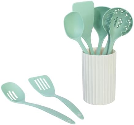 Glad Kitchen Utensils Set, 8pcs - Nonstick Cooking Tools with Utensil Holder - Nylon Spoon, Ladle, Skimmer, Spaghetti Server, and Turner Spatula Set - Dishwasher Safe, Teal Green