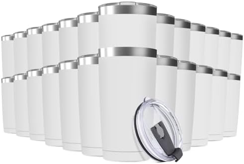 25 Pack 20oz Tumbler Vacuum Insulated Travel Mug with Lids, Stainless Steel Double Wall Bulk Cup for Home, Office, Outdoor Suitable for Vehicle Cup Holders White