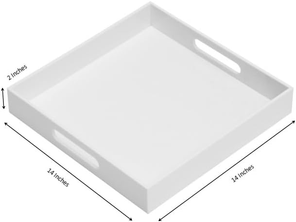 KEVLANG Glossy White Sturdy Acrylic Serving Tray with Handles-14x14Inch-Serving Coffee,Appetizer,Breakfast,Butler-Kitchen Countertop Tray-Makeup Drawer Organizer-Vanity Table-Ottoman Tray