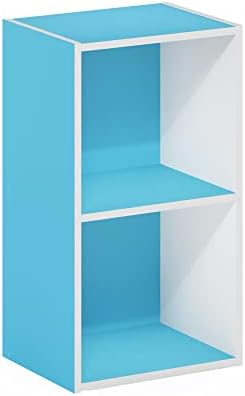 Furinno PASIR Book Shelf, 2-Tier Modern Bookshelf, Open Shelves Bookcase 9 x 12 x 21, Easy Assembly, for Living Room, Bedroom, Home Office, Light Blue/White