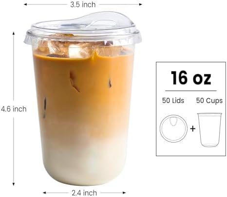 16 oz Clear Plastic Coffee Cups with Sip Lids, 50 Sets