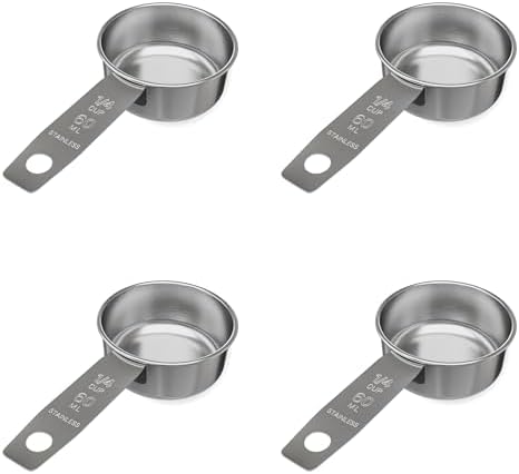 1/4 Cup Stainless Steel Measuring Cup | Sturdy Metal 60 ml | 60 cc | 2 oz | Single Cup for Wet and Dry Ingredients | Great for use as 1/4 Cup Dog Food Scoop - 4 PK
