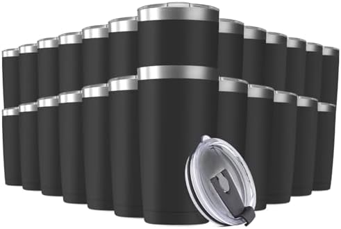 25 Pack 20oz Tumbler Vacuum Insulated Travel Mug with Lids, Stainless Steel Double Wall Bulk Cup for Home, Office, Outdoor Suitable for Vehicle Cup Holders Black