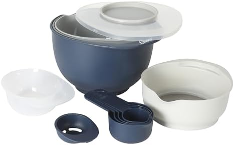 Oster 12 Piece Nesting Mixing Bowl Set, 3 Bowls with Lids & 6 Measuring Cups, Non-Slip Bases, Pour Spouts, Space-Saving Kitchen Prep Set, Dishwasher Safe