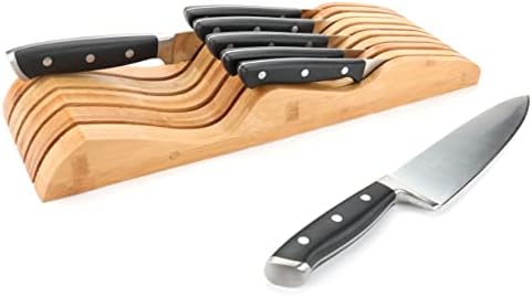 Bamboo Knife Block Holder, 9 Knives Dock, In-Drawer Knife Drawer Organizer