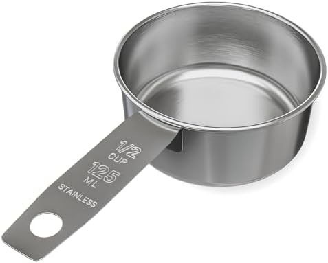 1/2 Cup Stainless Steel Measuring Cup | Sturdy Metal 125 ml | 125 cc | 4 oz | Single Cup for Wet and Dry Ingredients | Great for use as 1/2 Cup Dog Food Scoop - 1 PK