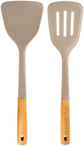 Beille 2pc Beech Wood and Silicone Spatula Set Kitchen Utensils Cooking Baking Supplies Home Essentials, Light Grey
