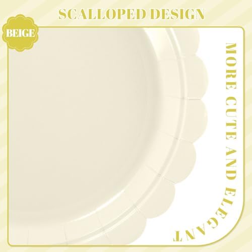 NatNarr 30 Pcs Ivory Paper Plates 9 Inch Disposable Scalloped Cream Plates Cute Beige Wedding Dessert Cake Plate Party Dinner Plate for Engagement, Baby Bridal Shower (Pack of 3)