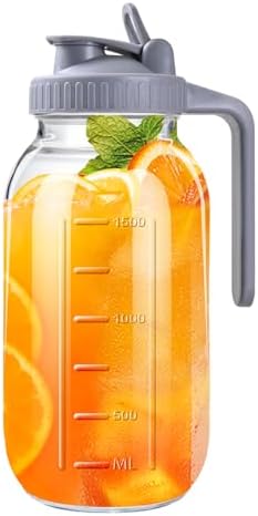 64oz Glass Pitcher with Lid, 2 Quart Mason Jar Pitchers with Lid and Spout, Wide Mouth Breast Milk Pitcher Glass Jug Sun Tea Pitchers, Cold Brew Coffee pitcher, Fridge Container for Water, Juice, Tea