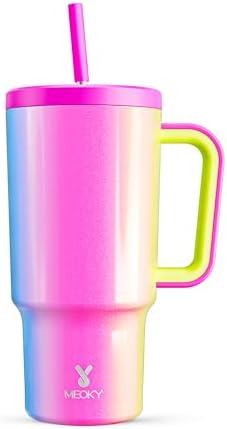 Meoky 30 oz Tumbler with Handle, Tumbler with Lid and Straw, Insulated Stainless Steel Travel Mug, 100% Leak-proof, Cupholder Friendly, Keeps Cold for 24 Hours or Hot for 8 Hours (Carnival)