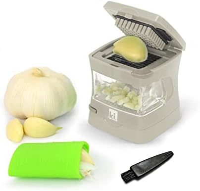 Garlic-A-Peel Garlic Press, Crusher, Cutter, Mincer, and Storage Container - Includes Silicone Garlic Peeler - Easy to Clean - Stainless Steel Blades – (Cream), standard