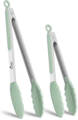 HOTEC Premium 7 & 9 Inch Kitchen Tongs, Stainless Steel Locking Cooking Tongs with Silicone Tips, Non-Scratch & Heat Resistant, Serving Tongs for Salad, BBQ, Light Green, Set of 2