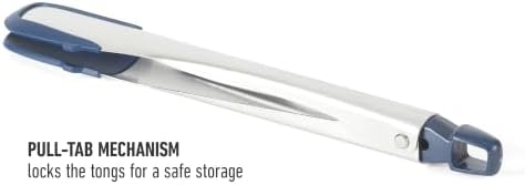 Calphalon Prime 12-Inch Kitchen Tongs, Stainless Steel Grilling Tongs with Navy Silicone Heads, Heat-Resistant Locking Kitchen Tongs with Ergonomic Weighted Handle
