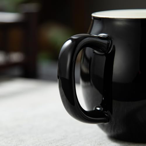 Yundu 12 OZ Brilliant Black Ceramics Teacup with Infuser and Lid, Mug with Lid for Steeping - Stainless Steel Infuser for Loose Leaf Tea, Home Office Gift for Tea Lovers