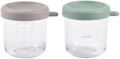 BEABA 2 Pack Glass Baby Food Jars with Soft Silicone Air Tight Lids, 8 oz Glass Storage Containers with Lids, Microwave and Freezer Safe Containers, Sage